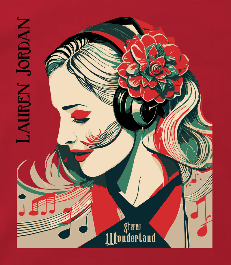 Lauren Jordan - Glam Rock - Vintage - Stereo Wonderland - Woman's Lyric Tee - Red - Mock-up 2