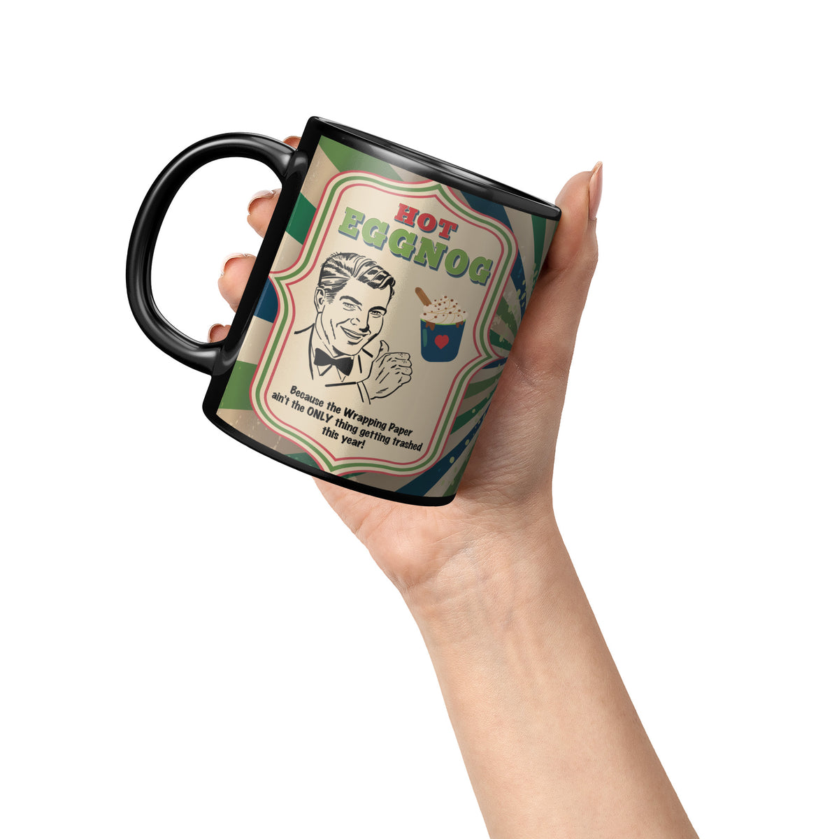 Lauren Jordan - Glam Rock - Vintage - Tea & Tele Tuesdays - Hot Eggnog - Mug - Man - Mock-up 6