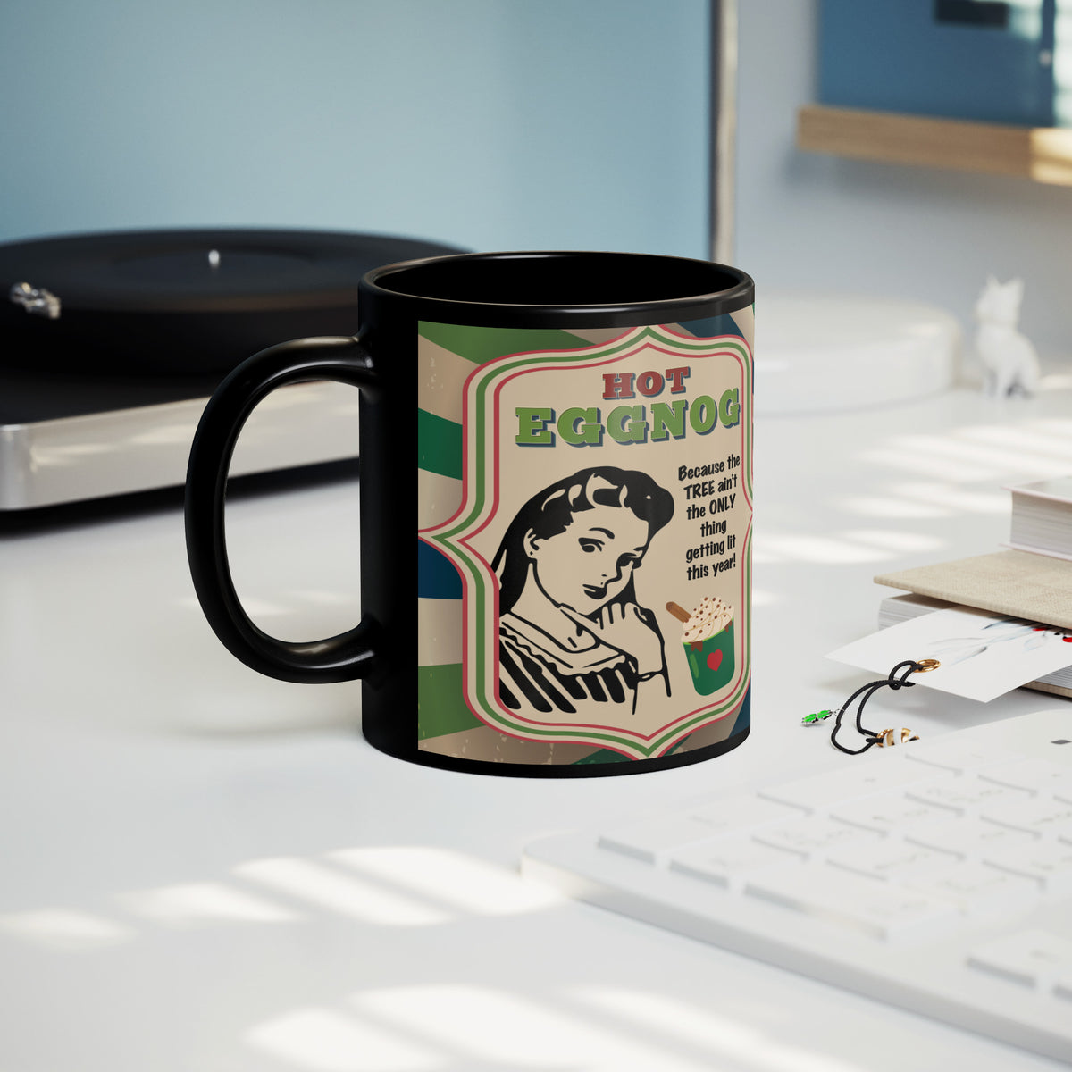 Lauren Jordan - Glam Rock - Vintage - Tea & Tele Tuesdays - Hot Eggnog - Mug - Woman - Mock-up 3